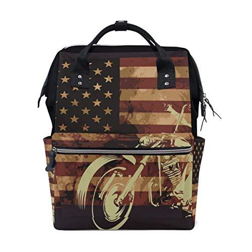 TIZORAX Viejo Bandera Americana con Motocicleta Cráneo Pañal Mochila de Gran Capacidad Bolsa de Bebé Multifunción Bolsas de Pañales Viaje Mamá Mochila para Cuidado del Bebé