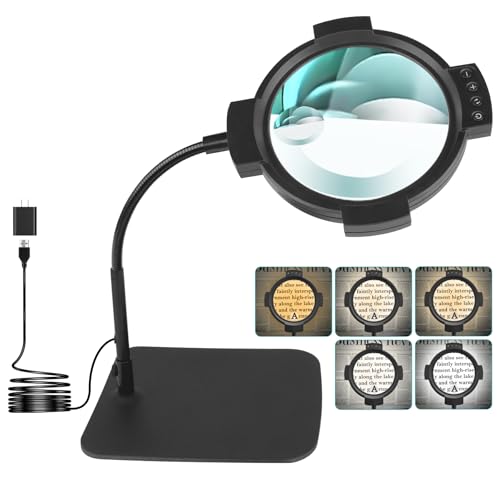 30X 10X Magnifying Glass with Light & Stand, 54 LED Lighted Desk Lamp, 5 Colors, 3 Levels Dimmable, Hands-Free Flexible Gooseneck for Craft, Hobby, Painting, Sewing, Close Work