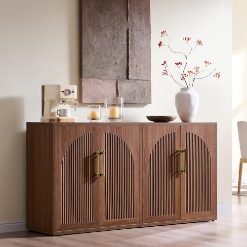 ACCOHOHO Fluted Arched Door Sideboard Buffet Cabinet Set of 2, Accent Cabinet with Adjustable Shelf, Wood Modular Credenza Storage Cabinet for Dining Room, Living Room, Entryway, Walnut
