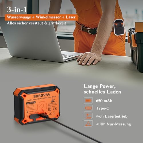 BOBOVAV 3 IN 1 Digitaler Winkelmesser, Laser Wasserwaage Neigungsmesser mit Magnet Aufladbar Winkelmessgerät 0-90° & 0-180°, Wasserwaage 10m Kreuzlinien Laser für Rohr- Holzarbeitung Hängerahmen Sägen