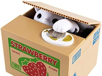 Cat Money Box, Piggy Bank for Kids/Adults, Automatic Stealing Coin Money Bank with Upgraded Clear English Voice, Gift for Kids (Strawberry Cat)
