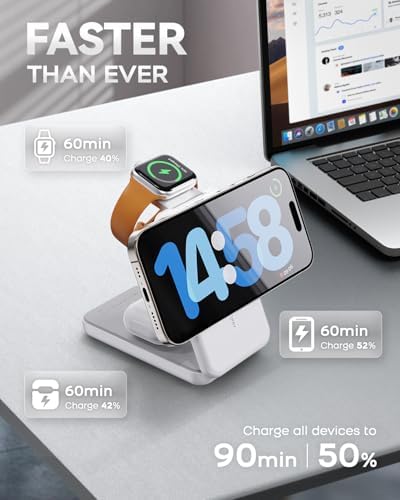RORRY Portable Charger, 3-in-1 Charging Station 10000mAh Portable Charger Power Bank for MagSafe Foldable Battery Pack Travel for iPhone 17/16/15/14/13/12, for Apple Watch 11/10/9/8/7/Ultra/3/2, White - 2