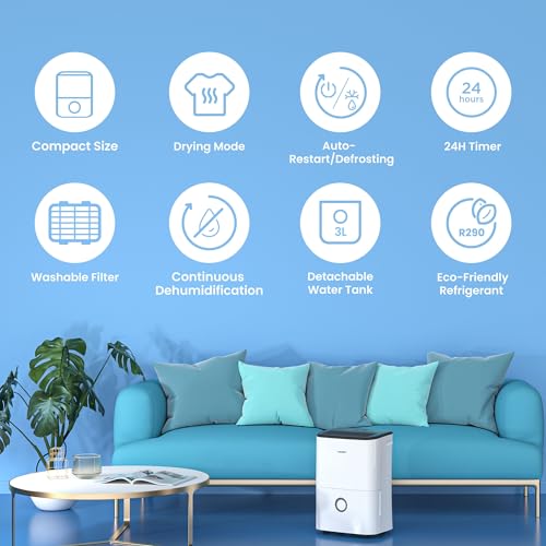 COMFEE' odvlaživač zraka 20L/dan, veličina prostorije cca. 100m³ (40m²), odvlaživač zraka s 3 načina rada, 24H timer, spremnik za vodu 3L, MDDF-20DEN7