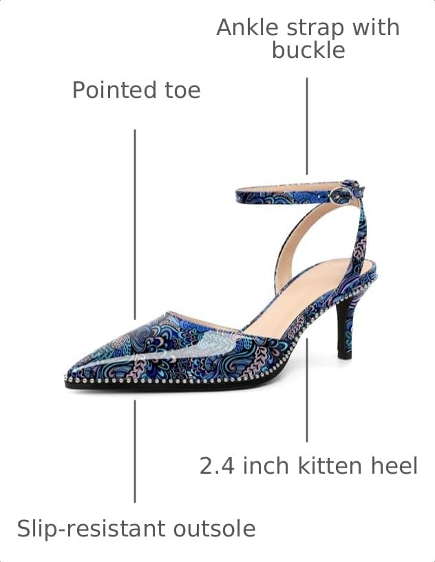 Image of SAMMITOP Kitten Heels for Women Low Heel Closed Toe Ankle Strap Pumps Wedding Party Beaded Dress Shoes 2.4 Inch