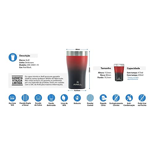COPO TÉRMICO DE CERVEJA ARELL COM ISOLAMENTO VÁCUO TULIP 500ML RED BLACK