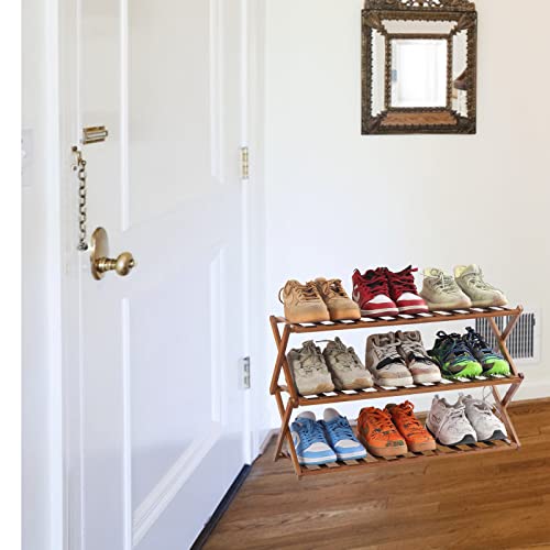 Pengke 3 Tier Shoe Rack,Multi Tier Foldable Bamboo Shoe Organizer Rack Multifunctional Storage Free Standing Shoe Shelf #TOP4