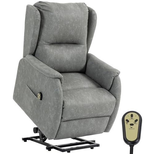 Image of HOMCOM Dual Motor Power Lift Recliner Chair, Electric Lift Chair for Elderly, Faux Leather Riser and Reclining Armchair with Remote Control, Side Pockets, for Living Room, Grey