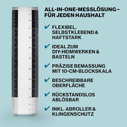 Klemab Klebemaßband 50 m x 2,5 cm | Selbstklebend & rückstandslos entfernbar | 10-cm-Blockskala, beschreibbare Oberfläche | Inkl. Abroller mit Klingenschutz