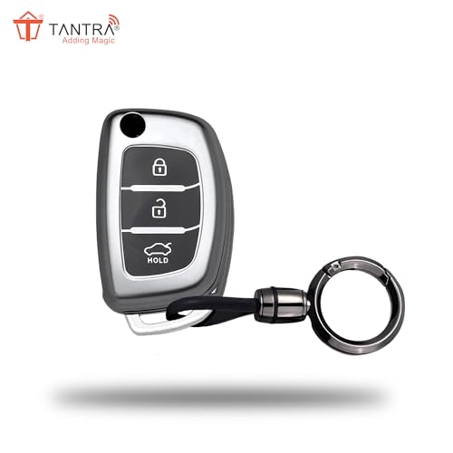 Image of SIAGO TPU Key Cover and Round Keychain Compatible for Hyundai i 20, Xcent,Verna Flude 3 Button Flip Smart Key Cover Grey