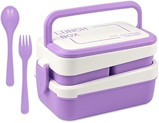 Kisstta Bento Box Lunch Box 3 Compartment, Bento Box for Meal Prep Lunch Containers, Stackable 2 Layer Bento Lunch Box with Handle, Leak Proof, Microwave Safe - Purple