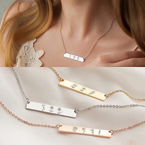 Anavia Personalized Birthday Month Flowers Necklace, Personalized Engraved Floral Bar Necklace, Customized Birthday Gifts Love Jewelry Mom Sister Friends Family Couple Long Distance2
