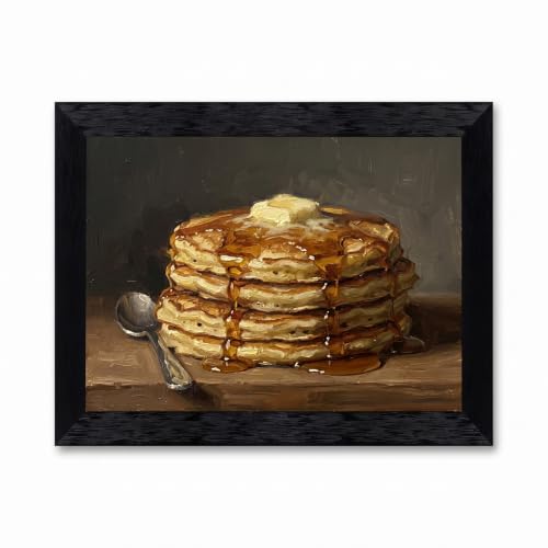 Framed Canvas Wall Art Impressionist Breakfast Pancakes Golden Brown Syrup Butter Impasto Canvas Print Poster Black Frame Wall Decor for Kitchen Dining Room Food Art, Cozy Home - Inch 16x20