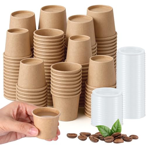 Acellegic 100set 2oz Disposable Espresso Paper Cup with Lid, Brown, White