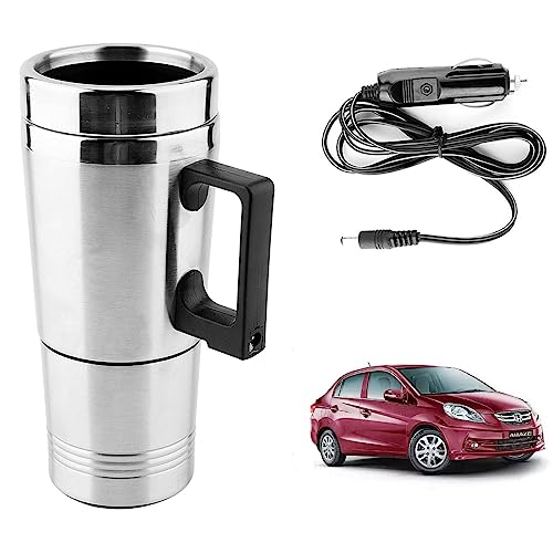Image of Oshotto 12V Stainless Steel Car Heating Kettle /Mug, Travel Friendly electric Tea /Coffee maker Compatible with Honda Amaze 2013-2017 (300ml) - Silver