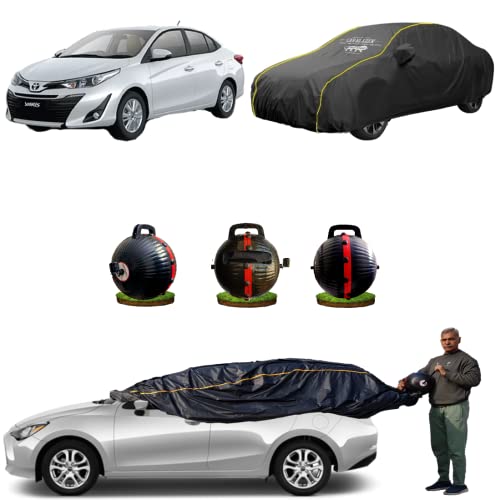 Image of CARBLAZER Portable & Semi-Automatic Full Body Car Covers: Heavy Duty Device| Anti-Theft| Dust & Scratch Proof | Water & Wind Resistant|Custom Fit| Dual-Side Cover, Compatible for Toyota Yaris