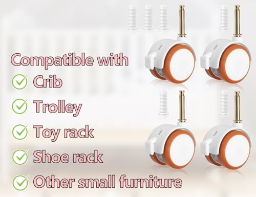 ZoeTekway 4er Lenkrollen für Kindermöbel Set mit 10,5 mm Hülse Stift, leise möbel Gummirollen mit bremse, für klein kinderbett babybett stubenwagen Trolleys freilaufend beistellbett(Weiß)