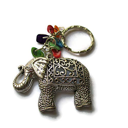 Large Elephant Keyring Silver Boho With Gift Bag