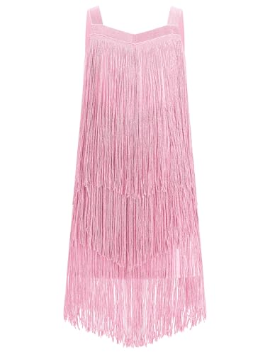 EFOGEP Mädchen Quaste ärmellos Latein Tanzkleid Vintage geschichtet Fransen Quasten Kleider Bühne Ballroom Cha Cha Jazz Samba Rumba Tanzkleidung Kleid für Kinder Rosa 8-9 Jahre