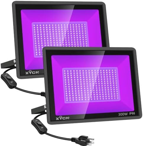 XYCN 2 Pack 300W LED Black Lights Outdoor, Flood Blacklight Light with Plug, 395nm to 410nm IP66 Waterproof for Dance Party, Glow in The Dark, Stage Lighting, Body Paint, Fluorescent Poster, Neon Glow