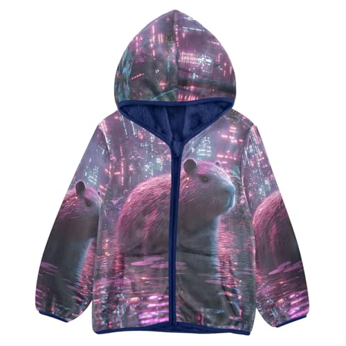 Cute Neon Capybaras Toddler Fleece Jacket Girl Boys Hooded Fleece Jacket Coat Warm Outwear Zip-up 3-10T