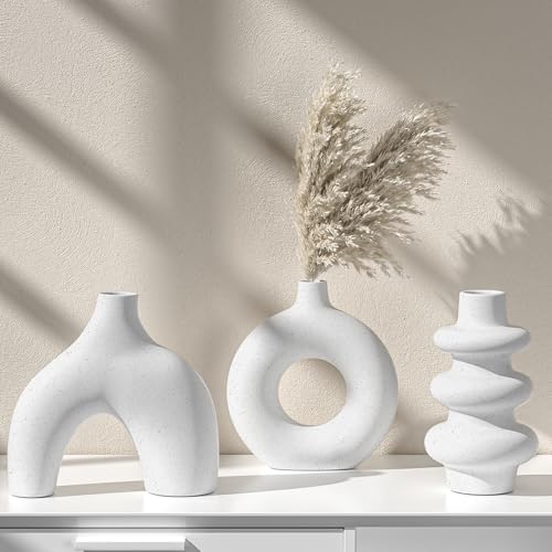 Vankarr Blanco Jarrón de Cerámica Juego de 3,Florero de Flores Secas en Bohemio, para Boho Moderno Nórdico Minimalismo Estilo Decoración -jarrones para Sala de Estar, Boda, Mesa de Cena