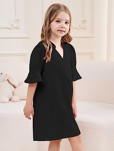 Ucuhnb Little Girl Dresses Elegant Party Ruffle Sleeve Dress For 4-12 Years Kids Black-7-8Y #TOP5