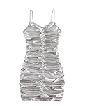 EXARUS Girls Teen Bodycon Sparkly Dress Metallic Homecoming Party Dance Glitter Tight Spaghetti Strap Mini Short Sleeveless Ruched Dresses Silver 12 Years
