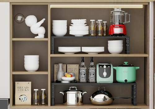 Jojocross Expandable Cabinet Shelf Organizer, Storage Spice Rack, Stackable Adjustable Shelves for Kitchen, Pantry, Cupboard, Bathroom, Countertop, Desktop - 1 Pack, Black, Medium with Hole by Jojocross - Used condition - Image 3
