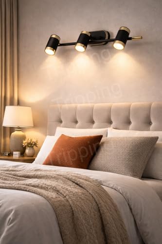 Image of TRIPPING 17watt LX087 Warm White Light Color Adjustable 3-Head LED Wall Lamp - Black & Gold Metal Body Focus Spot Light for Dressing Table, Mirror & Accent Walls (50x15x7 cm)