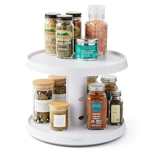 YouCopia Crazy Susan Two-Tier Turntable, Height-Adjustable Lazy Susan Organizer for Kitchen Cabinet and Pantry Organization and Storage, White