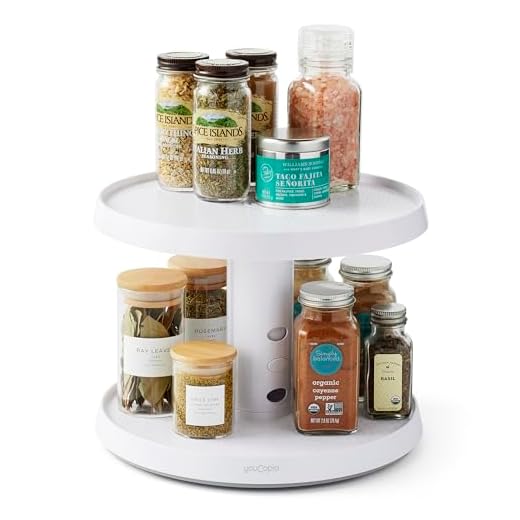 YouCopia Crazy Susan Two-Tier Turntable, Height-Adjustable Lazy Susan Organizer for Kitchen Cabinet and Pantry Organization and Storage, White