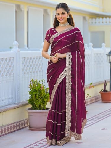 Image of Satrani Women's Shimmer Chiffon Scalloped Border Sequins Embroidery Saree with Unstitched Blouse Piece