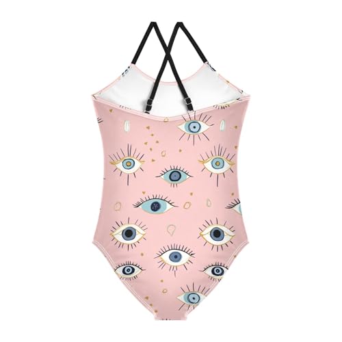 Boho Evil Eyes Girls One Piece Swimsuits Pink Sport Halter Swimwear Beach Bathing Suit 3T2