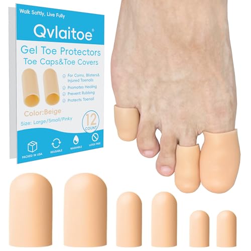 Qvlaitoe Gel Toe Protector and Toe Cap - Toe Cushions and Protects to Provide Relief from Missing or Ingrown Toenails, Corns, Blisters, Hammer Toes (Beige, 12 Pack, Multi-Size)
