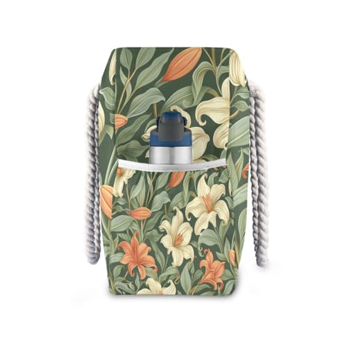 Vintage Orange Lily Flower Green Leaves Sandproof Tote Bags Portable with side pocketes Bags For Work for Travel Gym Vacation3