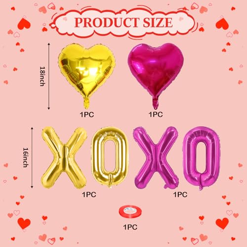 Image of XOXO Heart Balloons 6 Pcs Valentines Day Balloons Hot Pink Gold Heart Shaped Balloon XOXO Foil Balloon Letters for Girls Women Anniversary Sweet Valentine Day Romantic Decor Special Night Party