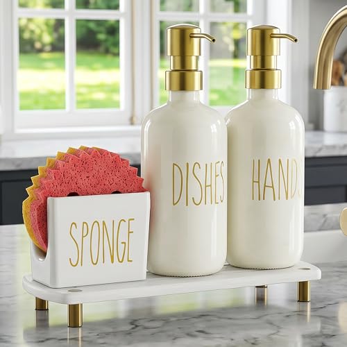Image of Cisily Kitchen Soap Dispenser Set Comes with Ceramics Sponge Holder, Gold Pumps, and Instant Dry Tray, Hand and Dish Soap Dispenser Set (4, Gold + Off White + Sponge Holder)