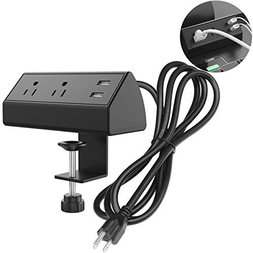 Desktop Power Strip Socket with USB QC3.0 Fast Charge, Conference Desk Power Outlets with Clamp Mount, 6.5 ft Extension Cord Connect 2 Plugs for Home Office Reading (Black)