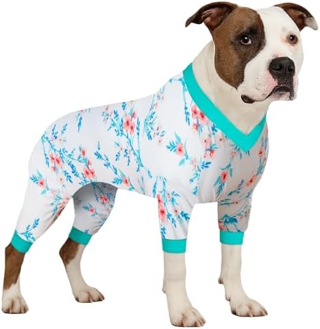 LovinPet Large Big Bodysuit for Dogs - Post Surgery Protection Dog Pjs, 4 Legs Coverage Dog Onesie,Stretchable Lightweight Knit,Bubbles and Floral White&Teal Print, Undershirt for Dog Sweaters,Blue XL