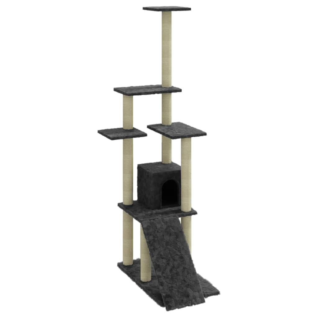 Teenpull Kratzbaum Katzenbaum mit Sisal-Kratzsäulen und Plüsch Dunkelgrau 155 cm stabil kompakt modern mit Kletterbaum, Kratzmöbel, Höhle, Hängematte für Katzenzubehör in Wohnung Wohnzimmer