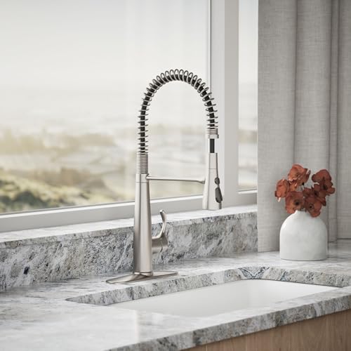 Image of KOHLER 22033-VS Simplice Semi Professional Kitchen Sink Faucet, Pre-Rinse Kitchen & Commercial Faucet, Vibrant Stainless, 9 inch x 9-1 /4 inch x 21-5 /8 inch