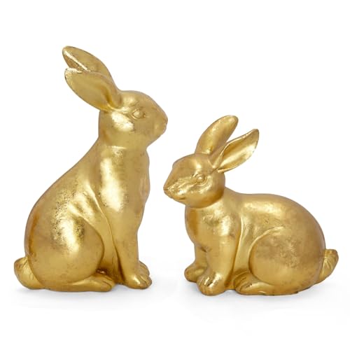 Gold Easter Bunny Decor Set of 2 Metallic Resin Rabbit Statues Spring Home Decor Bunny Figurines Vintage Farmhouse Table Centerpiece Indoor Easter Decorations for Mantel Shelf Entryway Table