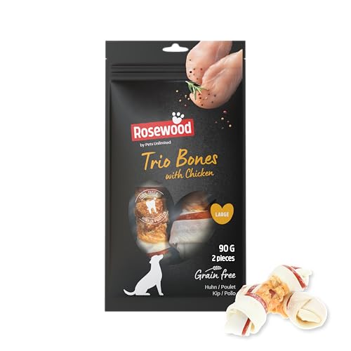 Rosewood Trio Bones Huhn Large – Feste Kauknochen mit Huhn, Kausnack aus Rinderhaut für große Hunde, unterstützt die Zahnpflege… – Ansicht 1