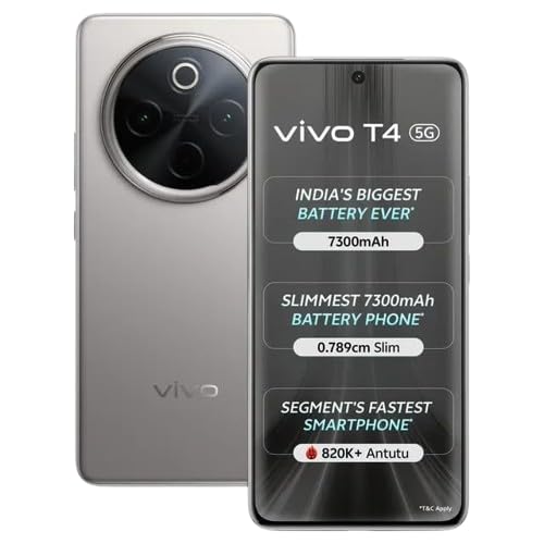 Image of vivo T4 5G (Phantom Grey, 12GB RAM, 256GB Storage) | 6.77 inch FHD+ Display | Snapdragon 7s Gen 3 Processor | 50MP OIS Camera | 32MP Selfie | 7300mAh Battery | Dual SIM 5G Smartphone