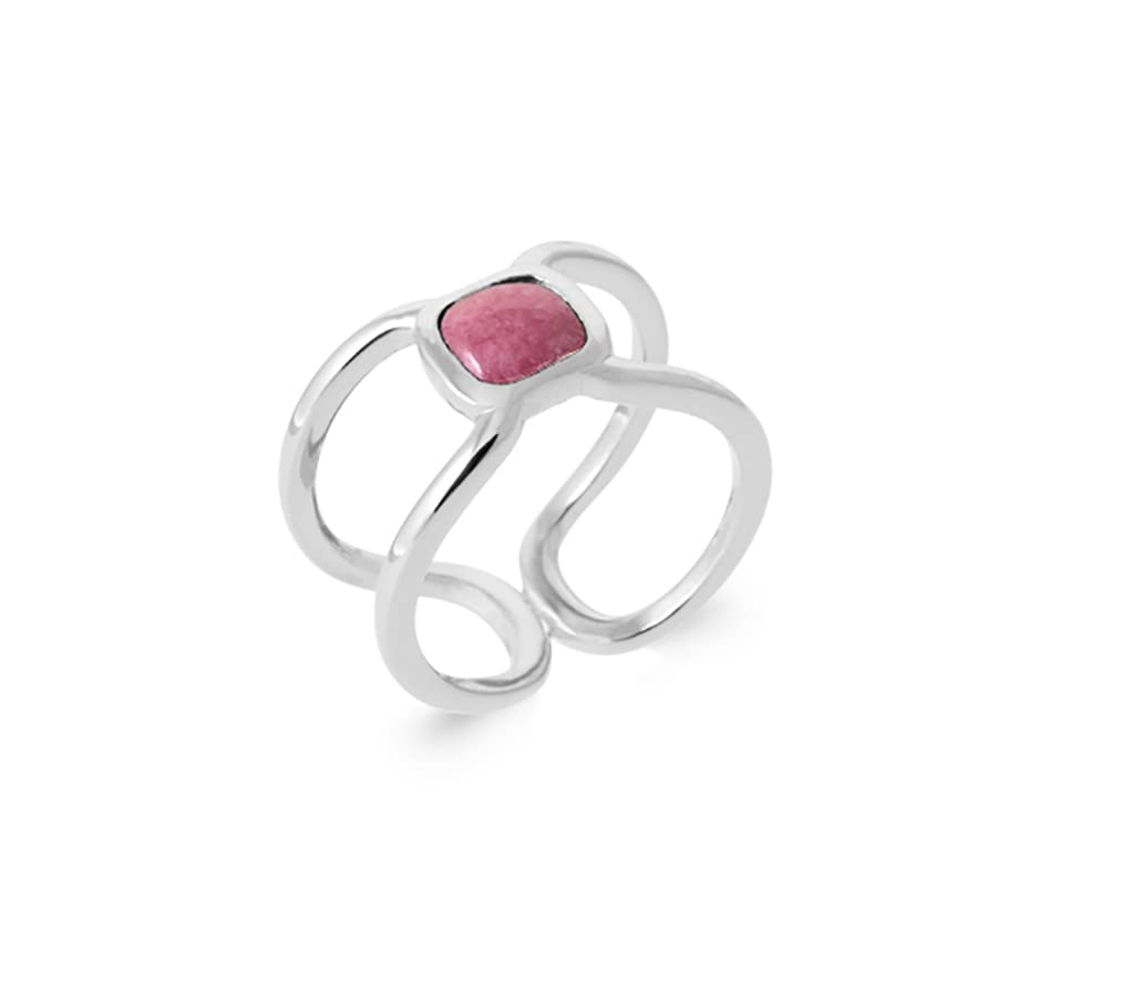 Bague Argent 925 rhodié femme anneau ajouré pierre carrée rhodonite
