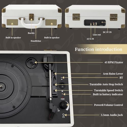 Image of Record Player 3 Speeds Turntable with Bluetooth Built-in Battery Stereo Speakers Vintage Record Player Belt Driven Portable Suitcase PC Recording White