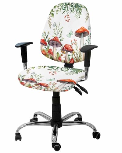 Jolunifun Mushroom Eucalyptus Office Chair Covers Stretchable 2 Piece, Soft Decorative Computer Desk Chair Cover Protector Universal Rotating Chair Slipcover Green Leaves Wildflower Herb White