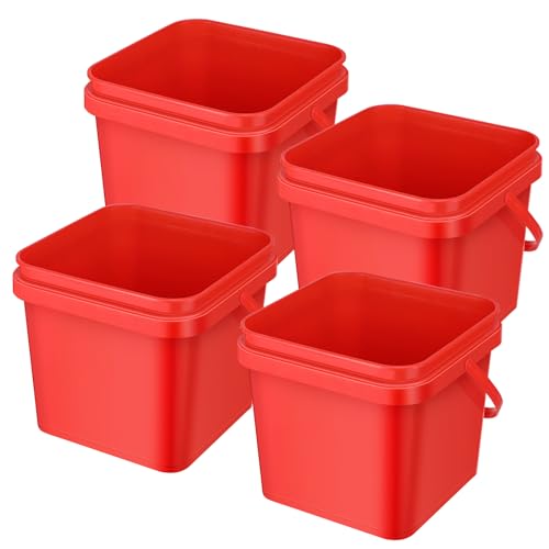 Jingmore 4 cubos de plástico cuadrados de 5 cuartos de galón, cubo pequeño con asa, organizador resistente para limpieza de la casa, almacenamiento, alimentación de ganado, lavado de autos (rojo)