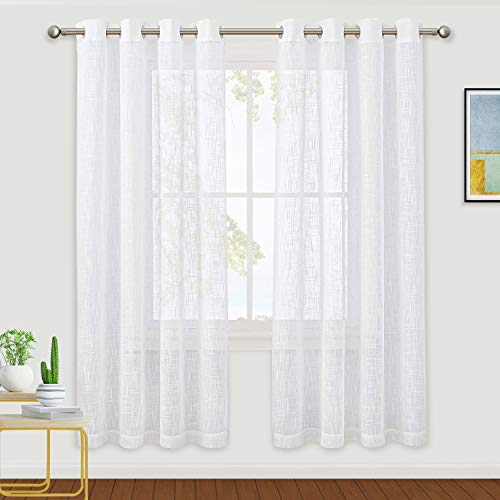 ALLJOY Home Privacy Drape for Living Room Curtains for Bathroom, 2 Panels Grommet Window Sheer Curtains for Bedroom, Linen Textured Semi Voile Drapes for Windows Room Treatments, White, W52 x L72 Inch