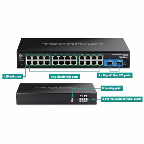 Image of TRENDnet 26-Port Hardened Industrial Gigabit PoE+ Rackmount Switch, TI-RP262, 24 x Gigabit PoE+ Ports, 2 x Gigabit SFP Ports, Lifetime Protection, Black